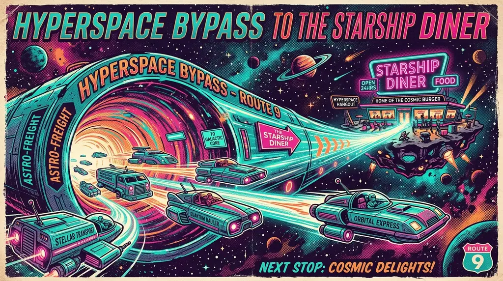Cinematic view of the cosmic diner exterior with passing spaceships
