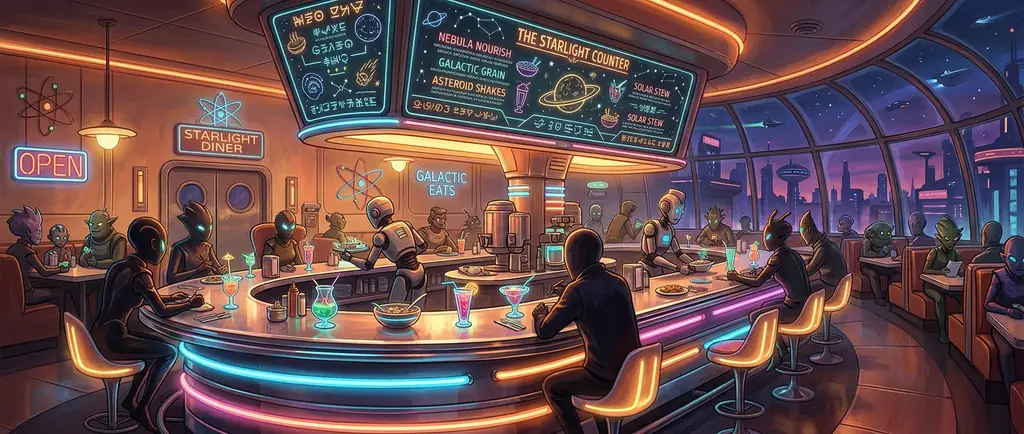 Neon diner interior with specials board