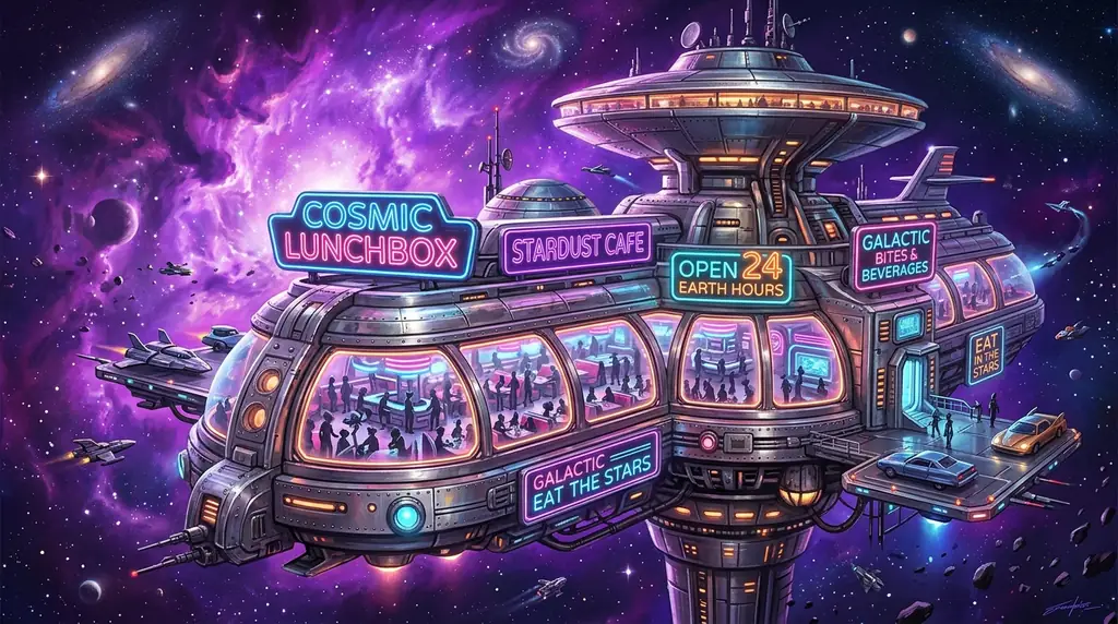 Cosmic space diner exterior orbiting a purple nebula