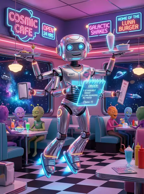 Flo-X, the six-armed chrome robotic waitress